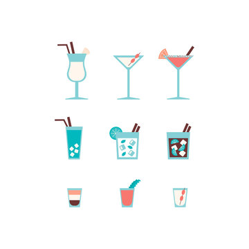 Alcohol drinks and cocktails icon set in flat design style. Vector illustration. 