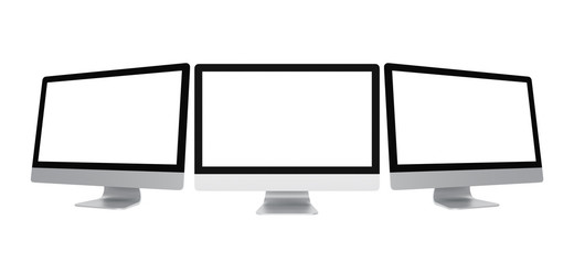 Three computers display with blank screen isolated on white background, 3d illustration