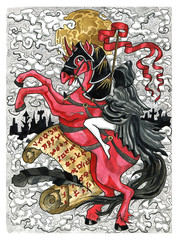 Rider. Girl in black cloak on horse against letter with evil symbols.