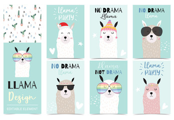 Collection of animal background set with llama,cactus.Editable vector illustration for birthday invitation,postcard and sticker.Wording include llama not drama © piixypeach
