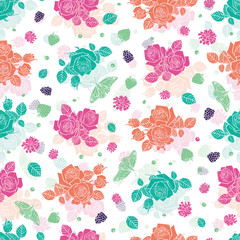 Vector white spaced out roses and berries seamless pattern. Colorful solid elements with slightly transparent layer background. Perfect for fabric, scrapbooking and wallpaper projects.