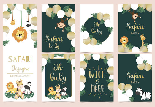 Collection of safari background set with giraffe,balloon,zebra,lion,gold.Editable vector illustration for birthday invitation,postcard and sticker.Wording include wild and free