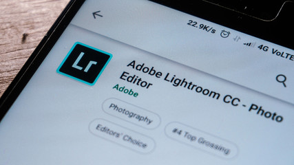 Magelang, Central Java, Indonesia, April 16, 2019. Adobe Lightroom CC app in play store. close up on the Android Smartphones screen. - Image