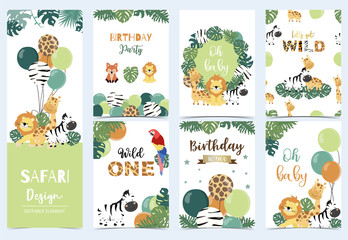 Collection of safari background set with giraffe,balloon,zebra,lion,green.Editable vector illustration for birthday invitation,postcard and sticker.Wording include wild and free - obrazy, fototapety, plakaty