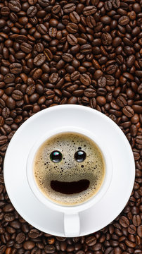panoramic coffee background of a cup of black coffee with smiling face coffee bubble on background of roasted arabica coffee beans © Mongkolchon