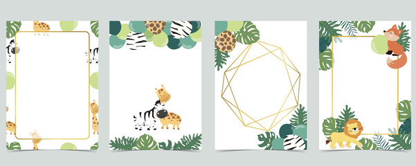 Green collection of jungle frame set with leaf,leaves,fox,lion,balloon vector illustration for birthday invitation,postcard,logo and sticker © piixypeach