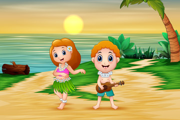 Obraz na płótnie Canvas Boy playing guitar and hawaiian girl hula dancing at seaside