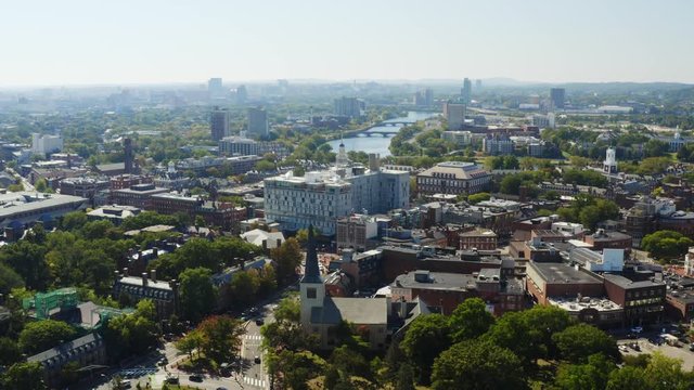 High aerial of Cambridge, view of Harvard university, famous destination of Massachusetts, city of students, travel to Northeast of USA