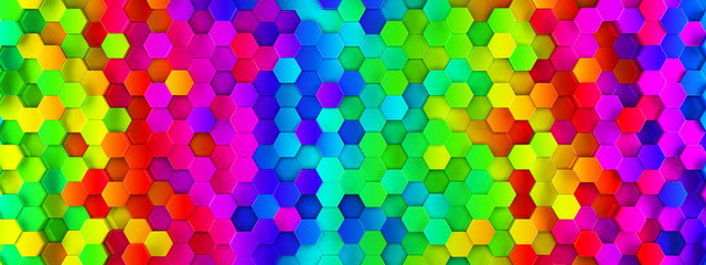 Abstract bright and colorful hexagon mosaic wallpaper or background - 3d render