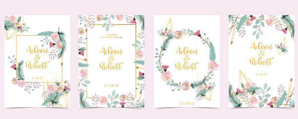 Fototapeta na wymiar Pink green gold geometry wedding invitation with rose,flower and leaves.Vector birthday invitation for kid and baby.Editable element