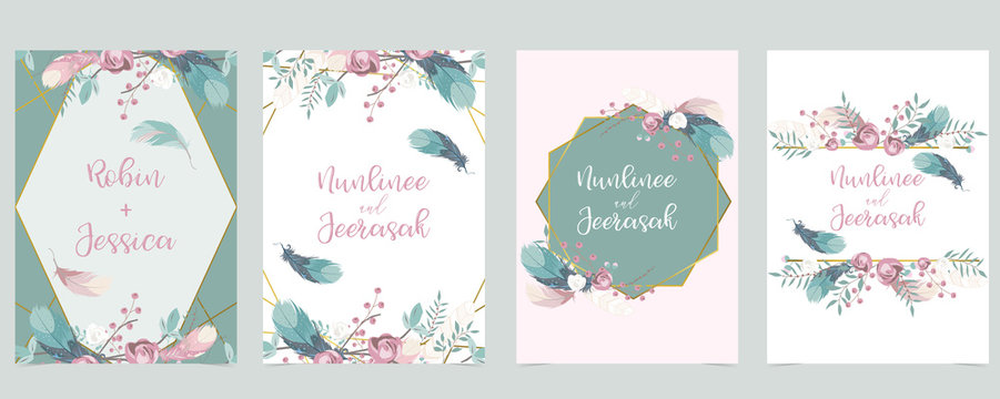 Pink green gold geometry wedding invitation with rose,flower and leaves.Vector birthday invitation for kid and baby.Editable element