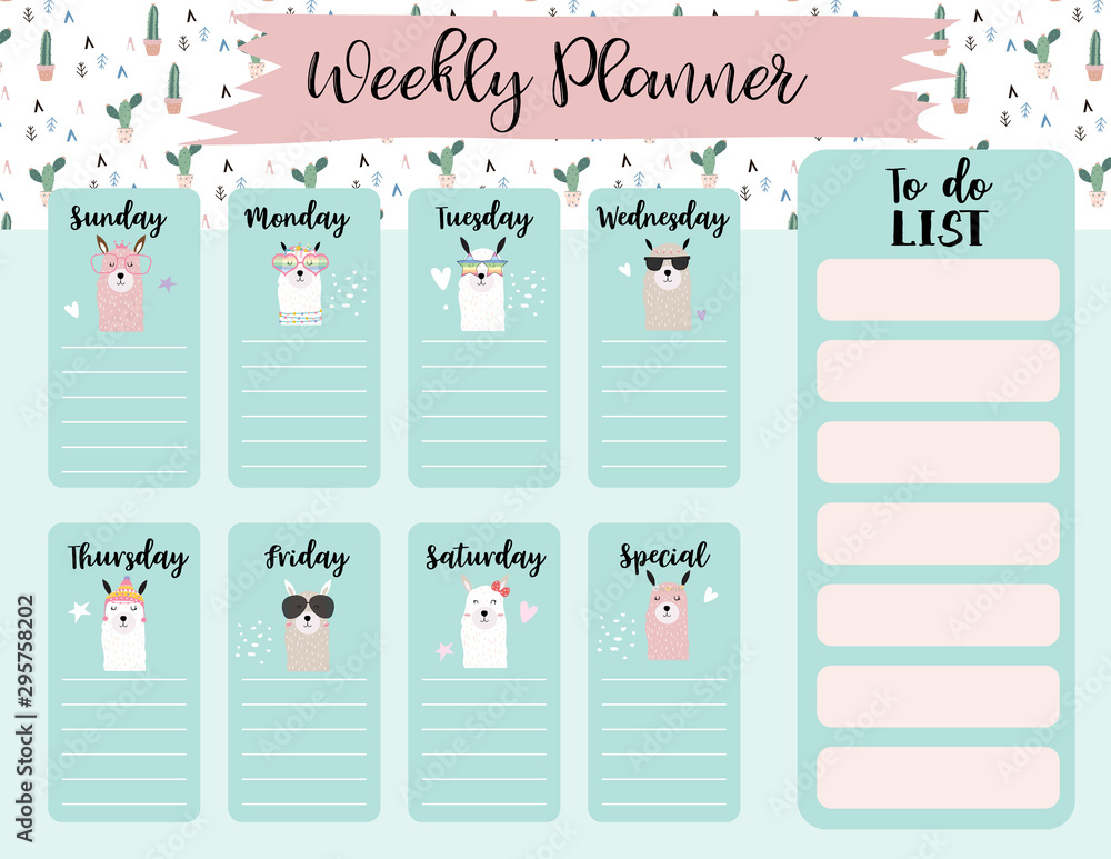 Wall mural cute weekly planner background with llama,cactus.Vector illustration for kid and baby.Editable element