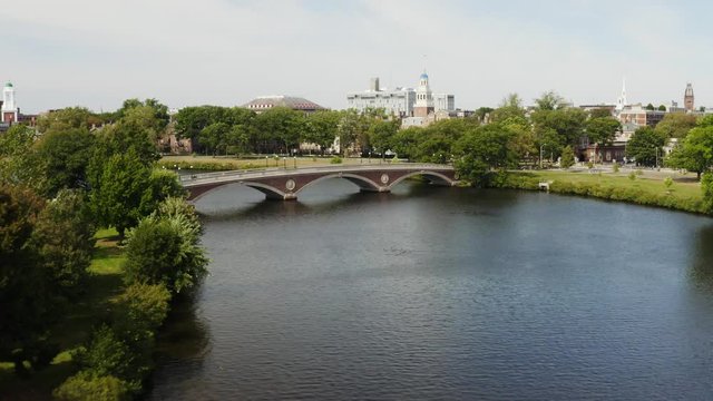 Aerial view of Harvard university in Cambridge, famous destination of Massachusetts, city of students, travel to Northeast of USA, beautiful parks and nature, bridges of Boston