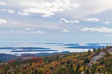 Fototapeta premium Sea and sky appear as one behind the color trees on the hill