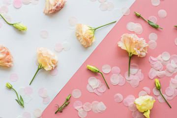 Flowers composition with confetti on pink background. Woman day, 8 march, Mother day, Birthday, Valentine Day background. Flat lay, top view, copy space. template, mockup. Holiday and beauty concept