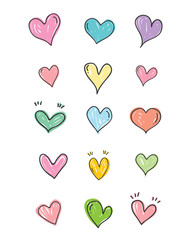 Set of scribble sweet color hearts. Collection of heart shapes draw the hand. Symbol of love. Design elements for Valentine's Day card. Vector colorful hearts. Vector illustration.