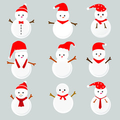 Snowmans with Santa Claus hats set illustration isolated on gray background, christmas and party concept.