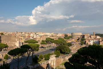 Panoramic view of city Rome with Roman forum and Colosseum from Vittoriano