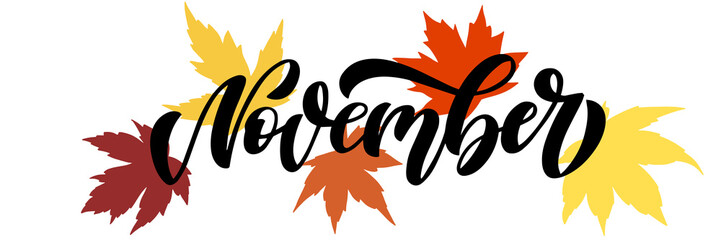 November, sleek script with sparse decorative maple leaves elements. Hand drawn brush lettering for autumn events, posters, and banners. Vector