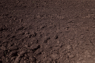 Brown plowed earth texture background.Crumpled brown earth.Close-up, top view, horizontal, cropped shot.Concept of nature protection and agriculture.