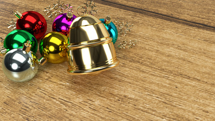 Christmas ball and Gold bell 3d rendering for holiday content.