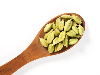 Spice Green Cardamom (Elettaria cardamomum) makes food tastier and healthier. Indian kitchen ingredient. Isolate on white background