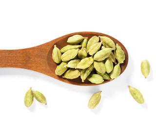 Spice Green Cardamom (Elettaria cardamomum) makes food tastier and healthier. Indian kitchen ingredient. Isolate on white background