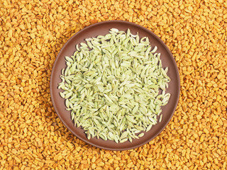 Fennel in clay plate. Background from Fenugreek. Indian cuisine ingredients