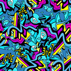 psychedelic graffiti lines and heart on a white background seamless pattern vector illustration