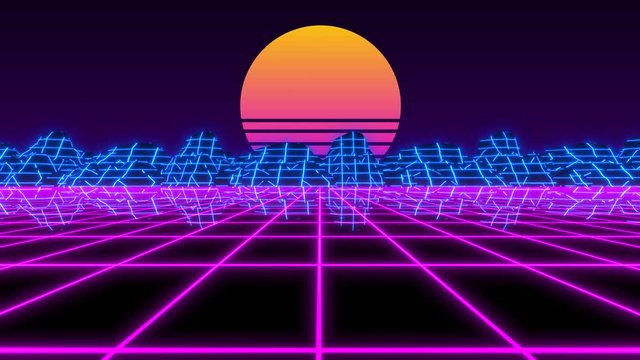 Vaporwave retro futuristic 80's synthwave landscape and sun background