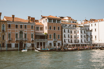 Panoramic view of Grand Canal (Canal Grande) with active traffic boats