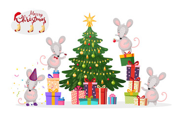 Merry christmas banner. A family of mice decorates a Christmas tree. New Year s mice and rats in cartoon design. Flat vector isolated on white background.