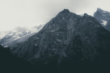 Panorama view on mountains scene in national park of Dombay, Caucasus