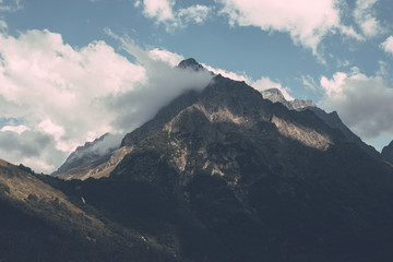 Obraz premium Panorama view on mountains scene in national park of Dombay, Caucasus