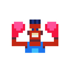 Boxer, pixel art icon, man in boxing gloves isolated vector illustration, design for logo, sticker, mobile app. Game assets 8-bit sprite.