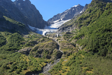 Fototapeta na wymiar Closeup view of mountains scenes in national park Dombay, Caucasus