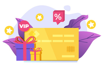 Discount, Loyalty card program and customer service. Vector illustration.