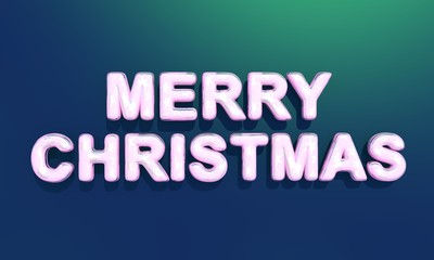 Merry Christmas . Festive 3D illustration of letters made of colored neon pink glass with silver stars inside on a blue-green chameleon gradient background. Realistic 3d sign.