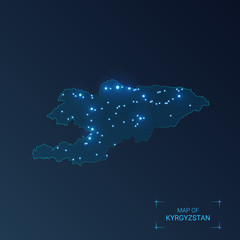 Kyrgyzstan map with cities. Luminous dots - neon lights on dark background. Vector illustration.