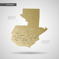 Stylized vector Guatemala map.  Infographic 3d gold map illustration with cities, borders, capital, administrative divisions and pointer marks, shadow; gradient background.