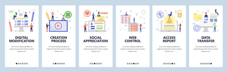 Mobile app onboarding screens. Computer technology, data sync, web control, social media. Menu vector banner template for website and mobile development. Web site design flat illustration