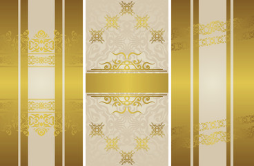 Set of three vintage luxury invitations with stylish gold decoration and light floral wallpaper