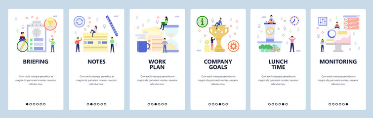Mobile App Onboarding Screens Business Plan And Briefing Lunch Time Teamwork Winner Trophy Menu Vector Banner Template For Website And Mobile Development Web Site Design Flat Illustration Buy This Stock Vector