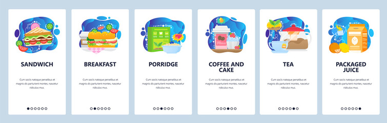 Mobile app onboarding screens. Morning breakfast meals, sandwich, porrige, coffee and cake. Food restaurant menu. Vector banner template for website and mobile development. Web site flat illustration