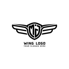 MJ initial logo wings, abstract letters in the middle of black