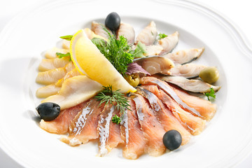 Raw Assorted Fish Delicacies or Sashimi Isolated