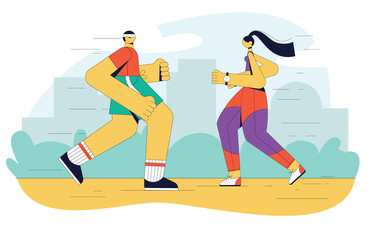 Modern vector illustration of people running in the park. A guy and a girl are doing cardio workouts. Flat design style concepts for website, flyer, banner. Young couple running outdoors
