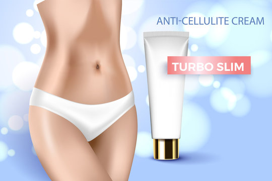 vector illustration with anticellulite cream. Realistic female body slim and a tube of cream. Template for advertising