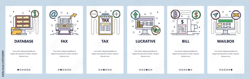 Aufkleber mobile app onboarding screens. business and computer technology icons, fax machine, database, financ