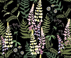 Bouquets of forest flowers at night. Vector seamless pattern.